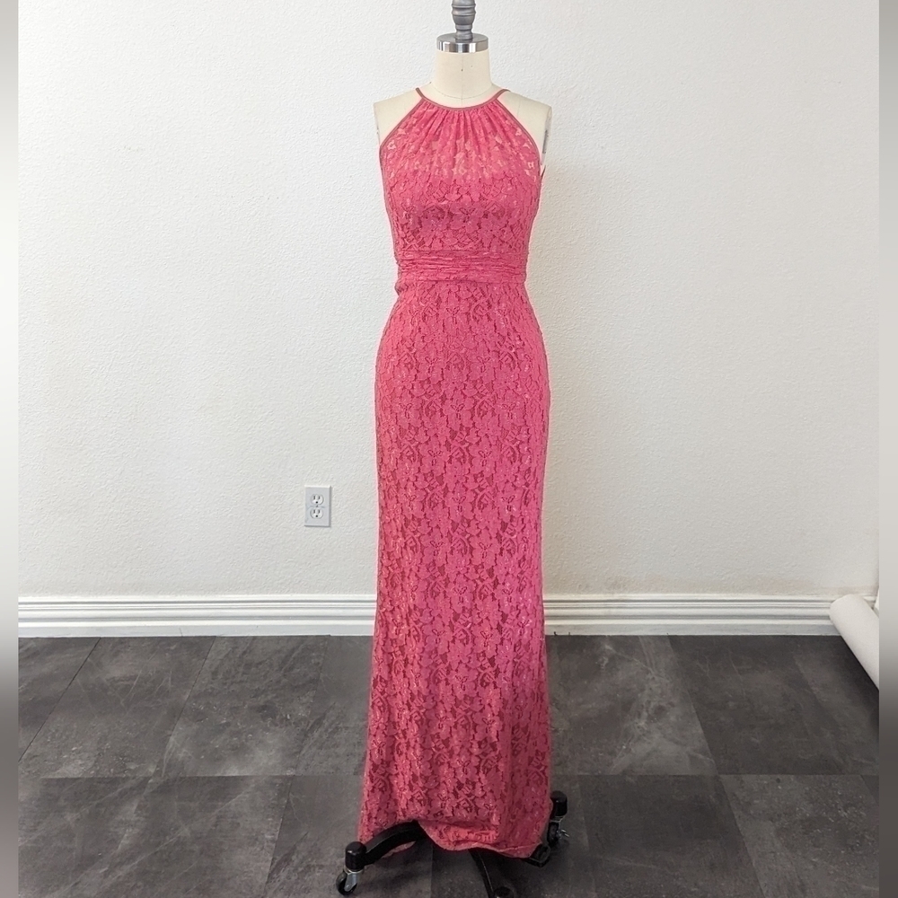 Adrianna Papell Lace Halter Maxi Dress Pink 2 wedding evening romantic formal